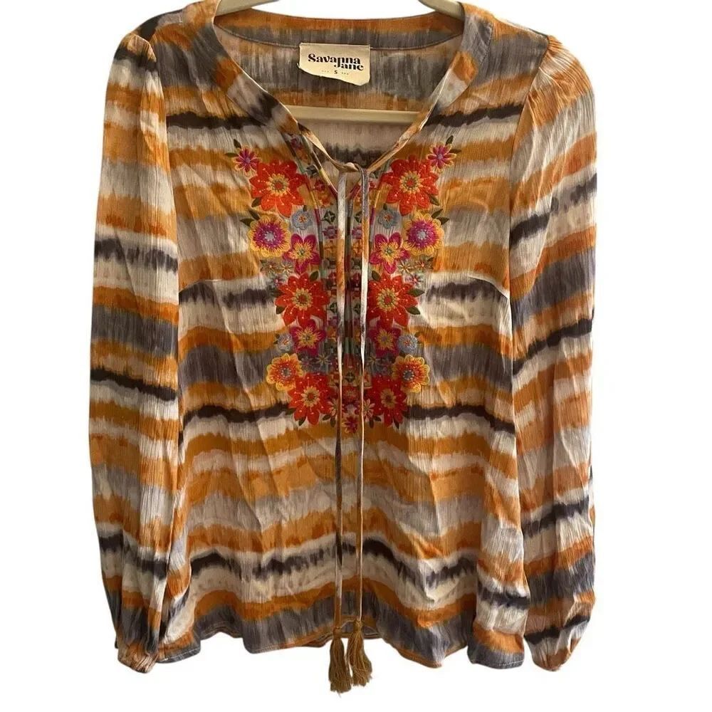 Savanna Jane Marigold Floral Embroidered Boho Top Women’s Size Small Long Sleeve - Picture 2 of 5
